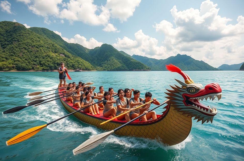 Epic, dynamic wide-angle photograph of a dragon boat race at a corporate event, vibrant and colorful. A long, traditional Chinese dragon boat, intricately decorated with scales and a dragon head prow, cuts powerfully through turquoise water. Ten to twenty diverse employees, wearing matching corporate-branded athletic gear, paddle in perfect unison, their faces a mix of determined effort and joyful teamwork. Sunlight glints off the water and the paddles. Lush green hills rise dramatically in the background, framing a serene blue sky with fluffy white clouds. Include the detail of splashing water around the paddles and the determined expressions of the rowers. Capture the feeling of intense teamwork, energy, and exhilaration. In the foreground, slightly blurred, a smaller traditional Chinese junk boat with a red sail provides a sense of scale and adds to the cultural authenticity. The overall composition should be visually striking and convey the excitement and benefits of corporate team-building through dragon boat racing. Incorporate visual cues of Chinese heritage, such as subtle Chinese lanterns hanging in the background. Depth of field should be shallow, emphasizing the dragon boat and its crew, blurring the background slightly. The lighting should be warm and inviting, with strong contrasts between light and shadow to enhance the drama and energy of the scene.