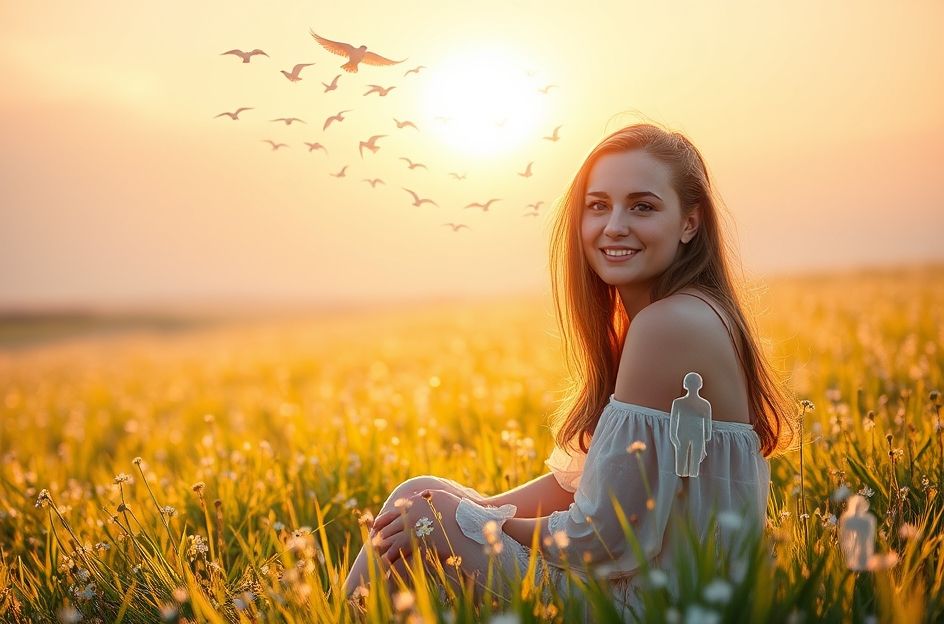 A serene and ethereal scene depicting a young woman, Katlyn Stewart, with kind eyes and gentle smile, sitting on a meadow bathed in golden sunlight. Around her, faint translucent figures representing loved ones lost are subtly visible, resembling wind chimes or shimmering echoes. Above, a flock of birds forms the shape of a stylized heart, flying towards a radiant, sunlit horizon. Scattered throughout the meadow are forget-me-not flowers. The color palette is predominantly soft blues, purples, and warm gold tones, creating a sense of peace and hope. The overall style is reminiscent of a watercolor painting with elements of magical realism, conveying a feeling of solace, remembrance, and enduring love. Soft focus and bokeh effects should be used to enhance the dreamlike quality. Focus on capturing the essence of grief, healing, and the celebration of life in the face of loss.