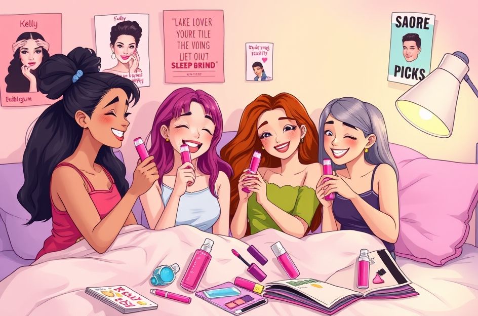 A vibrant, whimsical illustration depicting four diverse pre-teen girls, Kelly and her three inseparable friends, joyfully applying bright pink bubblegum flavored lip gloss during a sleepover makeover session; the scene is bathed in soft, warm light emanating from a bedside lamp, casting playful shadows on the pastel-colored walls adorned with posters of pop stars and inspirational quotes; scattered around them are various beauty products, magazines, and fluffy pillows; expressions of pure joy, excitement, and friendship are evident on their faces as they giggle and chat; the overall style is reminiscent of a children's book illustration, with clean lines, bold colors, and a touch of magical realism; the composition emphasizes the close bond between the girls and the lighthearted atmosphere of their sleepover; in the background, subtly hint at elements representing the challenges and excitements of sixth grade, such as a school textbook or a dance invitation; the artistic style is inspired by Lisa Frank meets classic children's book illustrations, hyperdetailed, 8k resolution.